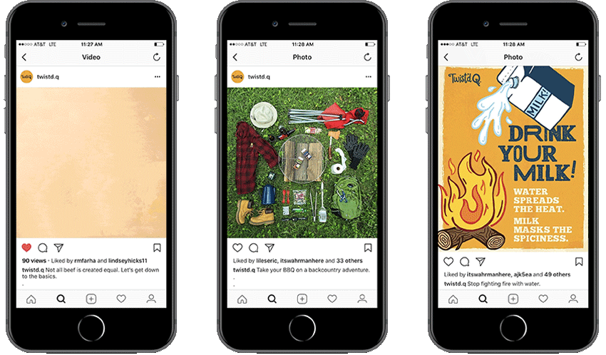Three iPhones displaying Twist'd Q Instagram posts, including an animated cow silhouette made out of different seasonings.