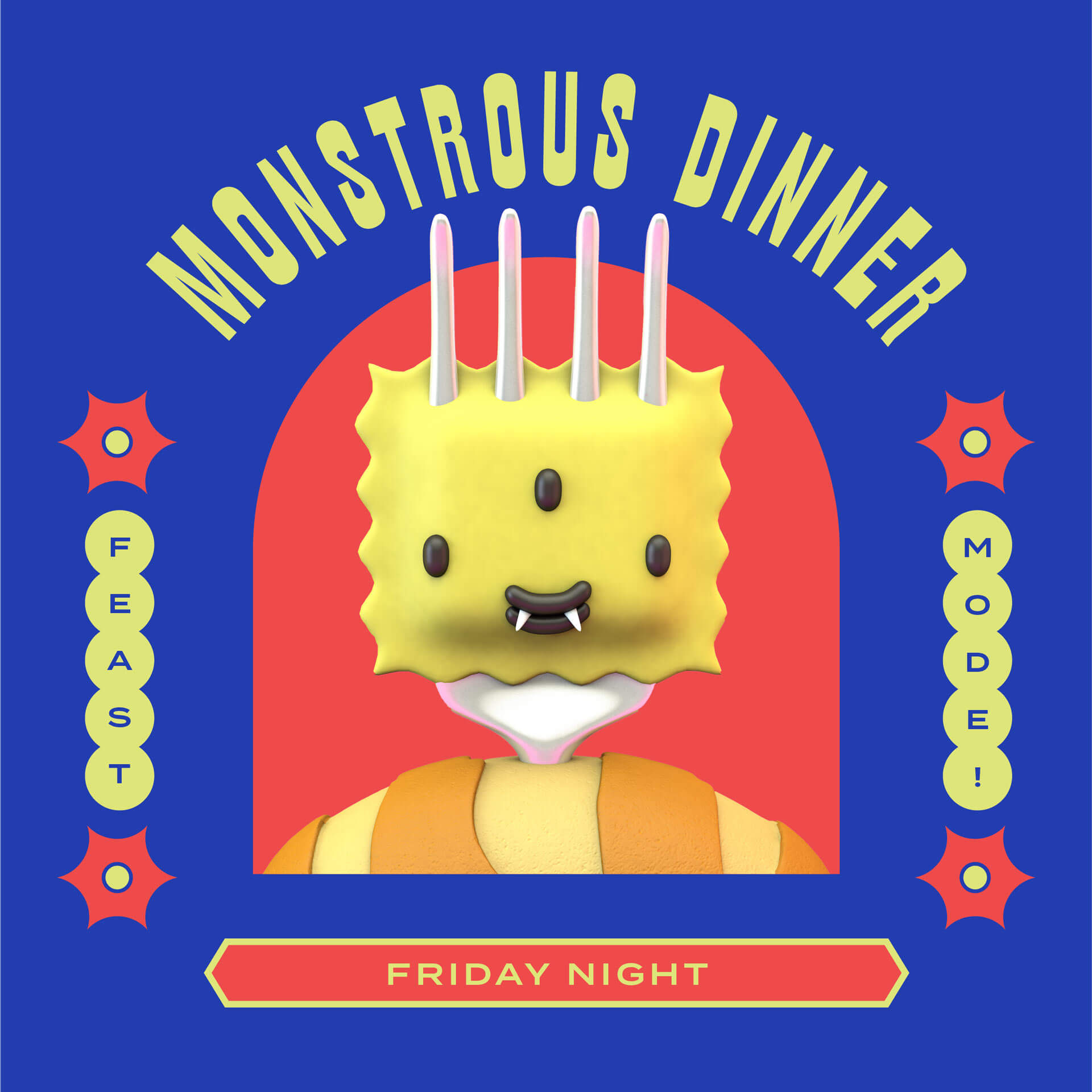 MONSTROUS DINNER – Illustration of ravioli creature head for Friday Night