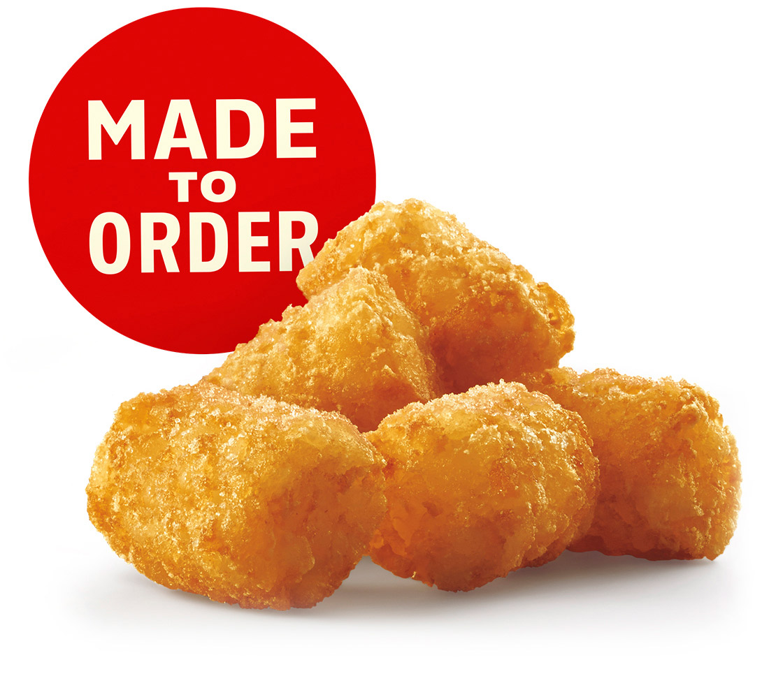 Made to Order button next to stack of tater tots