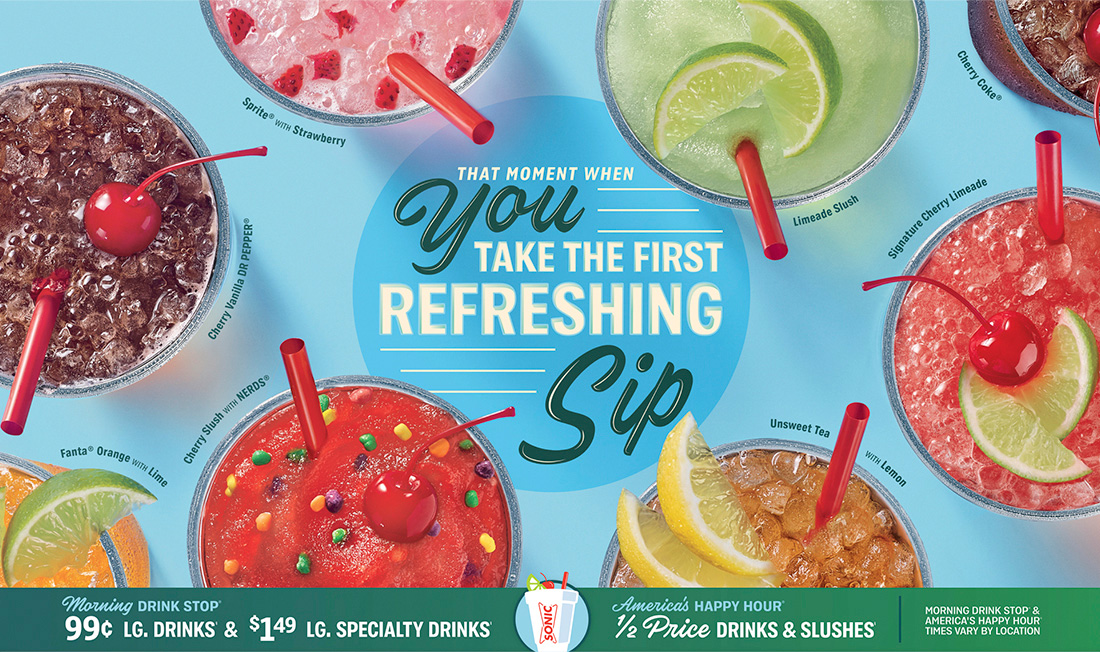 Closeup of "That Moment When You Take the First Refreshing Sip" point of purchase signage filled with various SONIC beverages.
