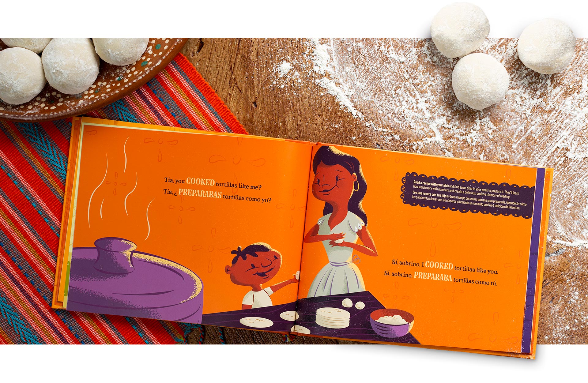 Just Like You book open showing a spread of a mother and son making tortillas. The book is open on a table with tortilla ingredients laid out.