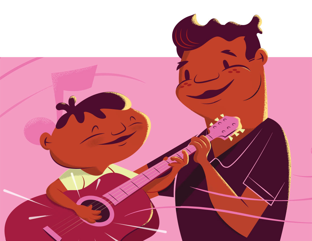 Illustration from the book of a father and son playing guitar