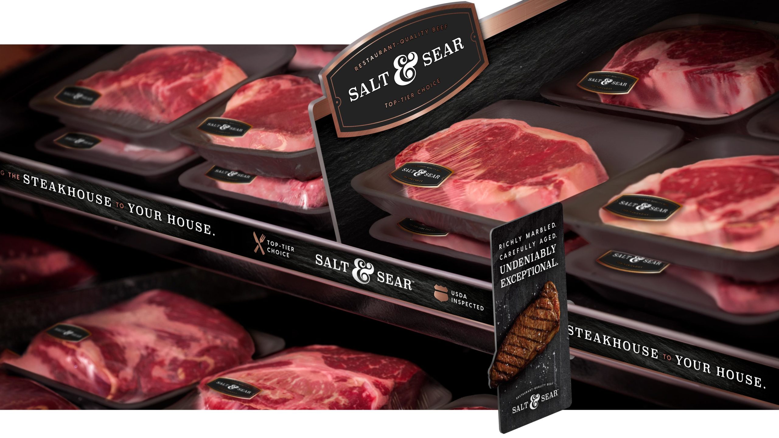 Salt & Sear branding at the meat case.