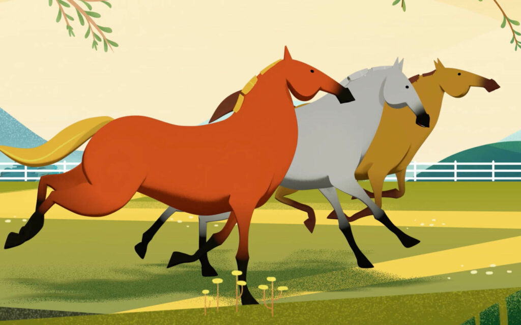 Three graphic horses galloping across an illustrated field