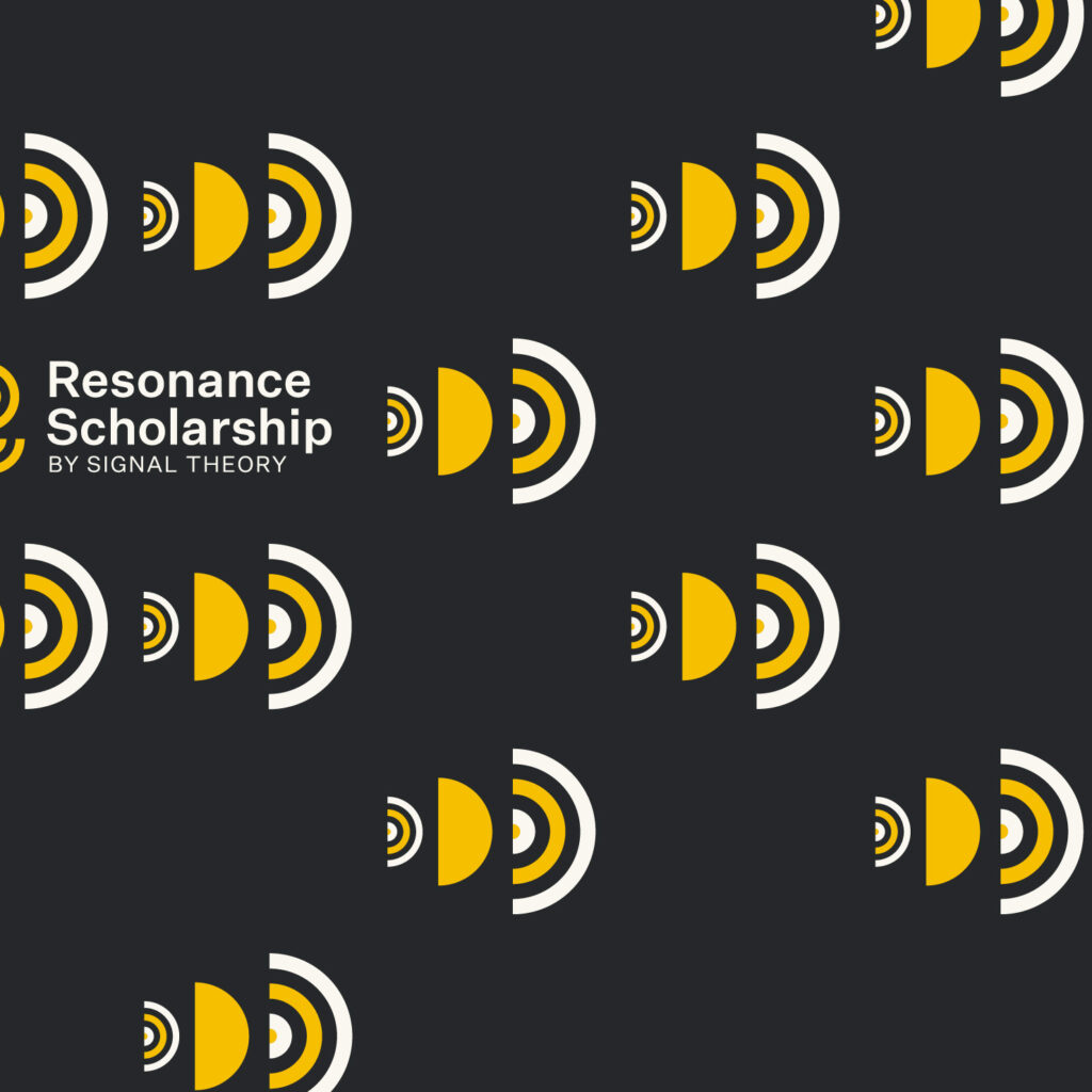 A design featuring yellow, white and black elements announces Signal Theory's Resonance Scholarship for 2023.