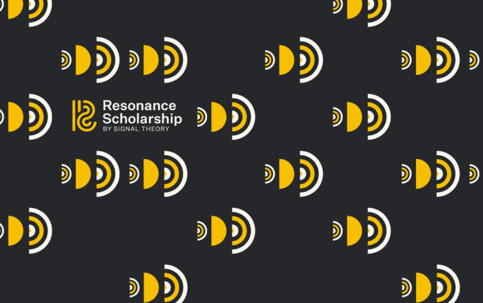 A design featuring yellow, white and black elements announces Signal Theory's Resonance Scholarship for 2023.