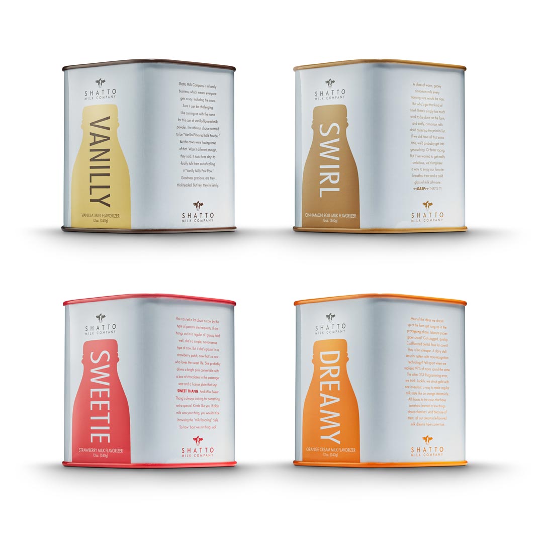 Four Shatto Milk Flavorizer tins – Vanilly, Swirl, Sweetie and Dreamy