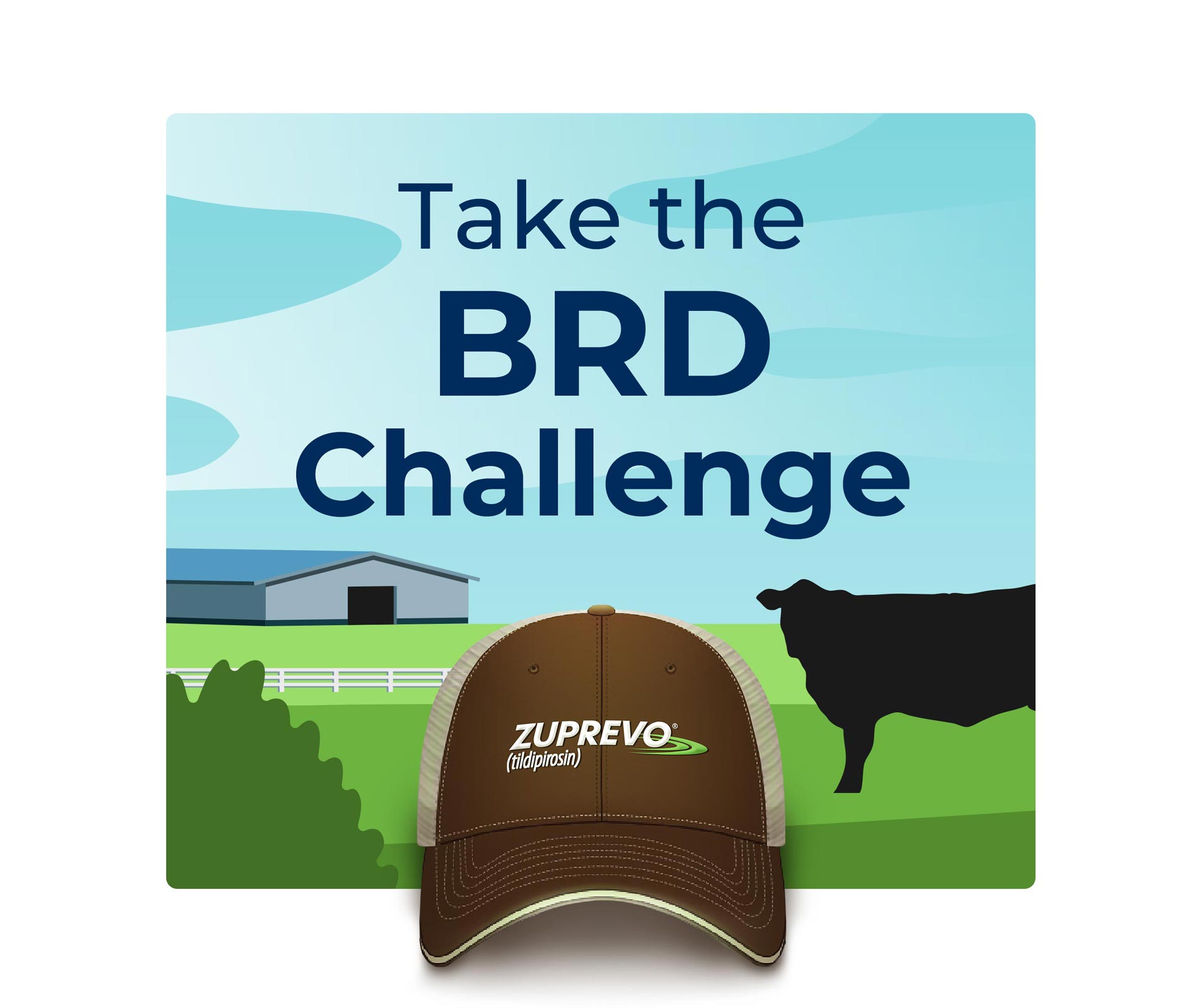 Take the BRD Challenge text over stylized ranch landscape and a photo of Zuprevo branded cap.