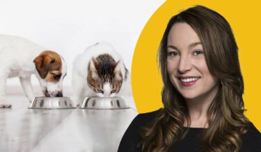 Portrait of Samantha Scantlebury along a puppy and cat eating out of stainless steel bowls.