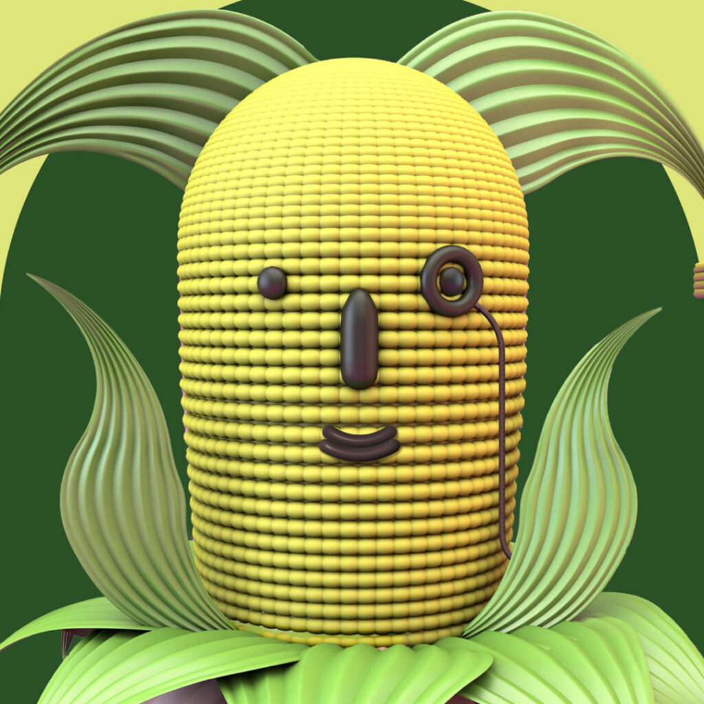 Close-up of fanciful corn monster head
