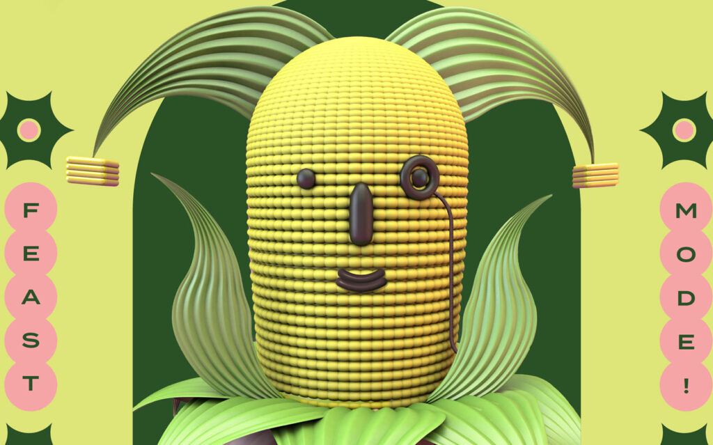 Close-up of fanciful corn monster head