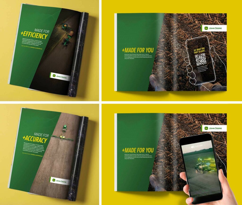 Two one-page ads and spread ad for John Deere with a hand holding an iPhone over it with John Deere equipment in action.