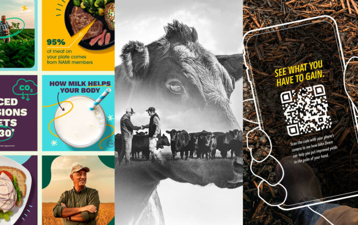 A montage of social posts promoting the Protein Pact from NAMI, a double-exposure of cattle head with rancher among a herd and a graphic representing a hand holding a mobile phone with the message "See what you have to gain."
