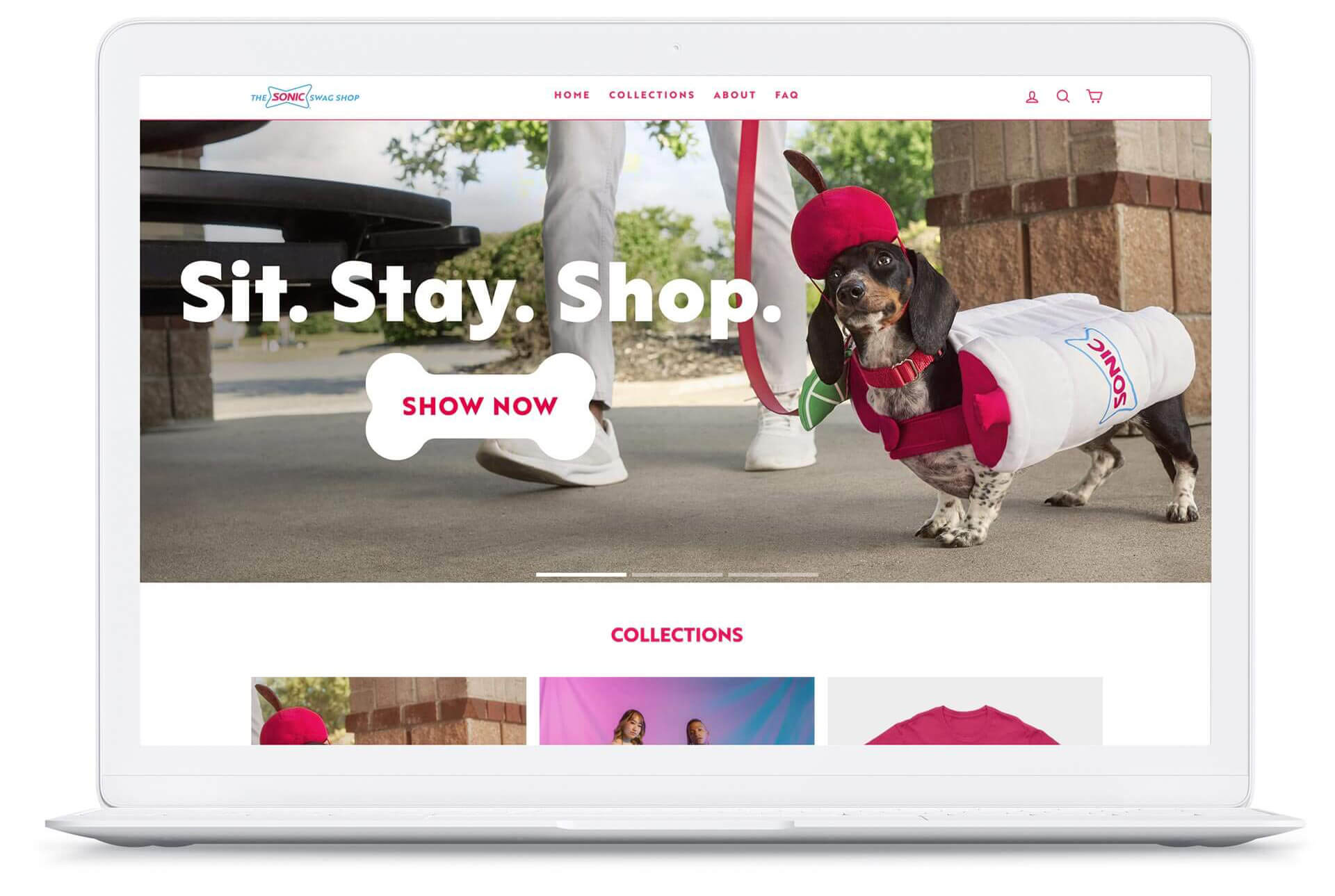 Open laptop showing SONIC's Wag Shop – featuring an image of a dog wearing a Limeade costume and the headline: Sit. Stay. Shop.
