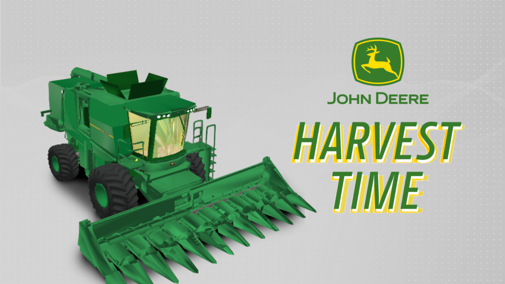 John Deere logo with the title: Harvest Time – alongside a digital combine.