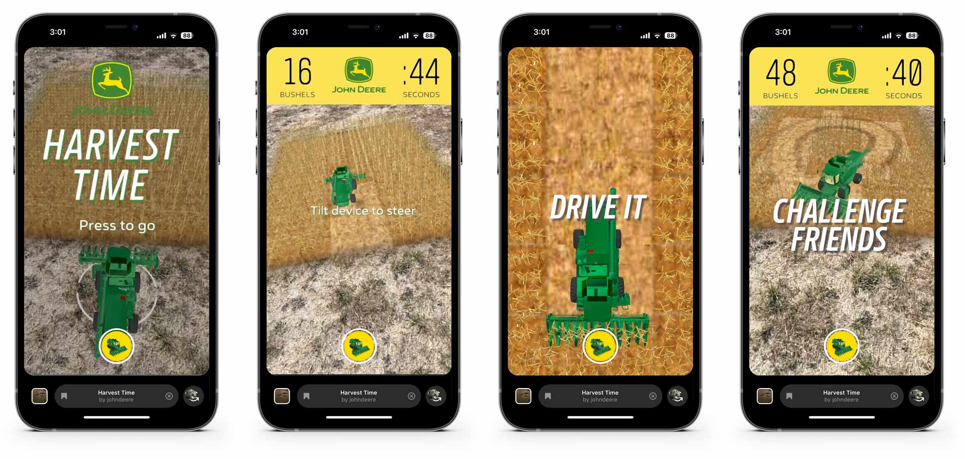 Several iPhones displaying various parts of the Harvest Time AR filter.