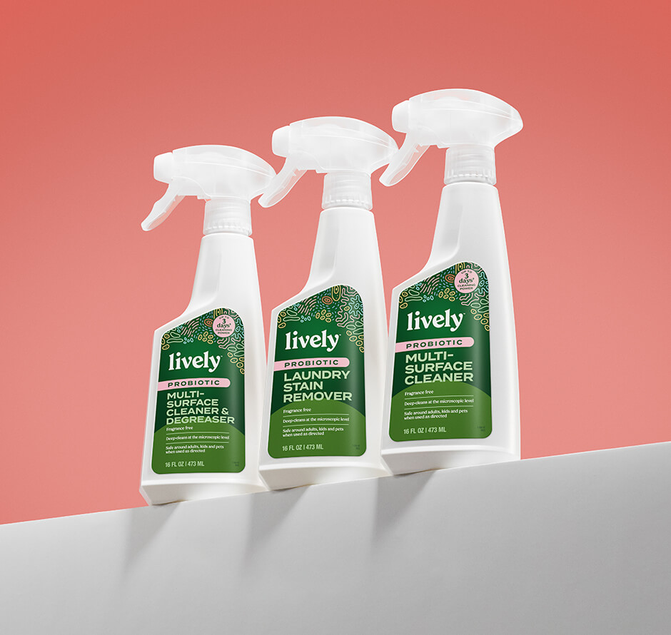 3 Lively spray bottle lined up: Multi-Surface Cleaner & Degreaser, Laundry Stain Remover and Mulit-Surface Cleaner