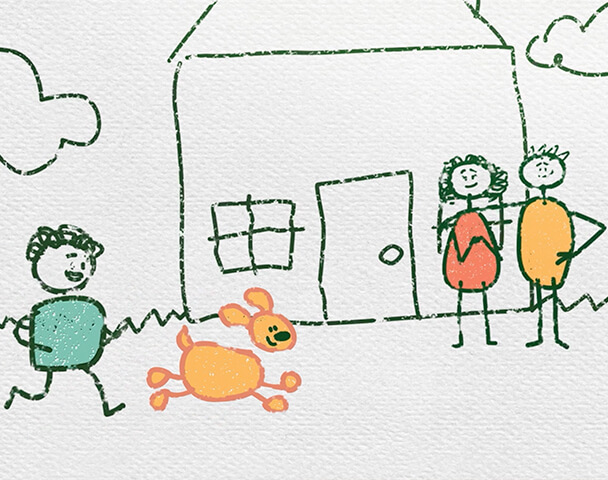 Still from video of child drawing of family outside of their house with boy and dog running by