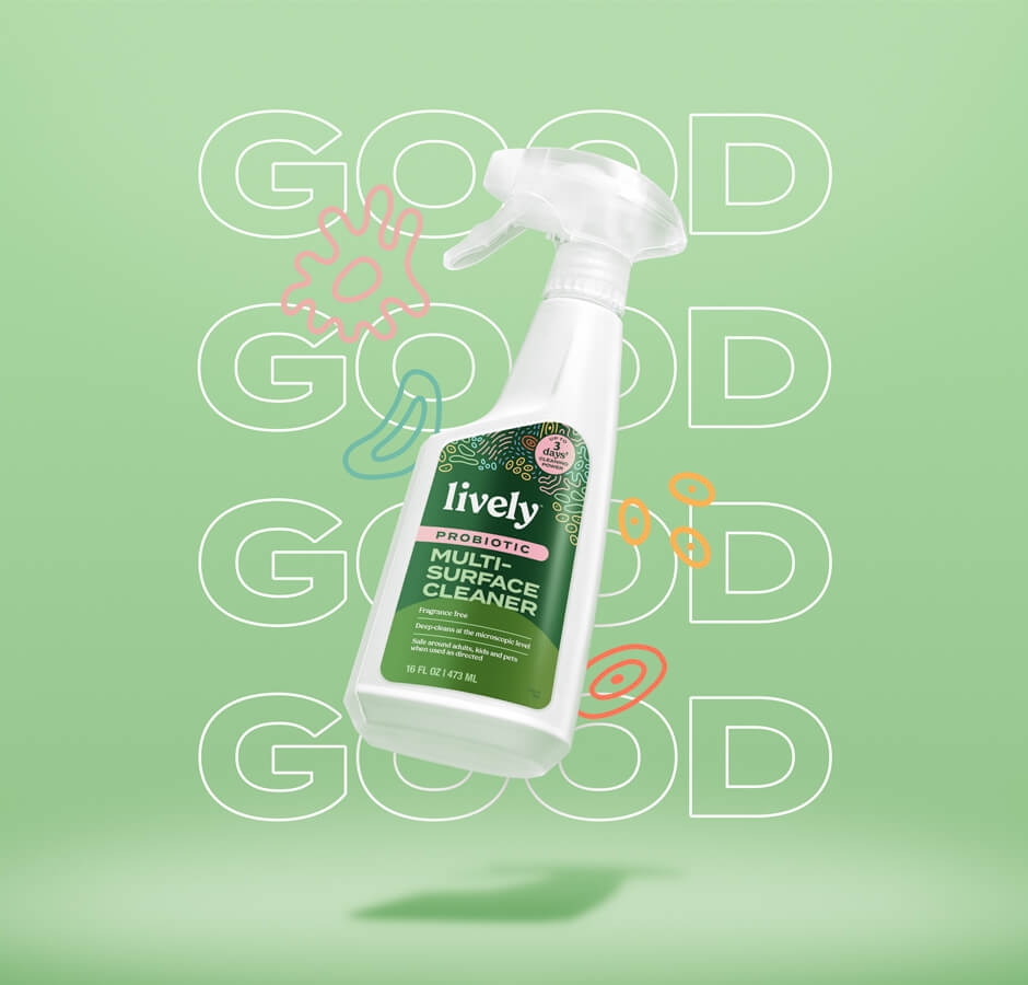 Floating spray bottle of Lively Multi-Surface Cleaner with the word repeating in the background