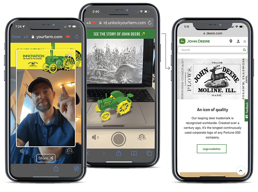 3 iPhones showing selfie image and closing frames of the 3D John Deere Model D AR experience.
