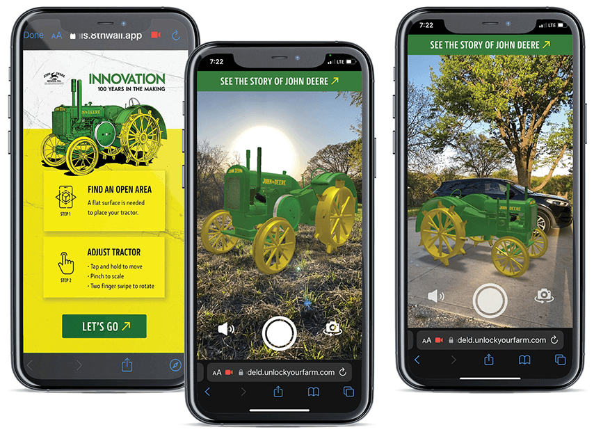 3 iPhones showing home screen and 3D tractor on location – all part of the John Deere Model D AR experience.