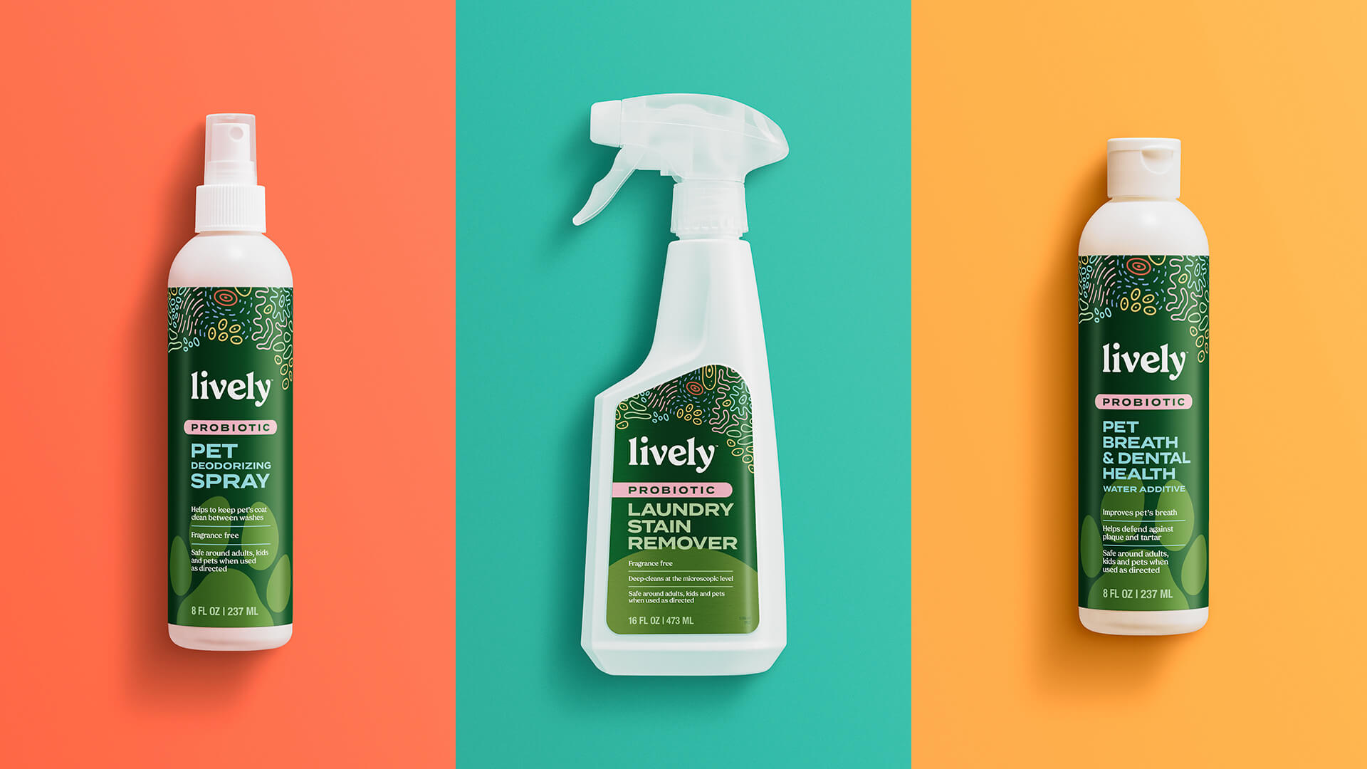 Three Lively products lined up on different color backgrounds: Pet Spray, Laundry Stain Remover and Pet Breath & Dental Health Water Additive