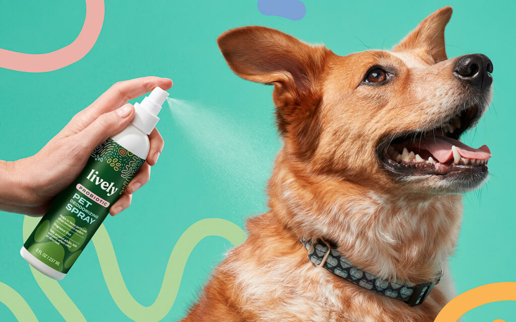 Happy dog being sprayed with Lively Pet Deodorizing Spray.