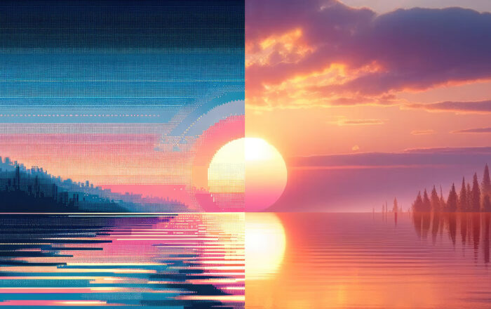 ai artwork of "a new dawn" in pixel art on the left half of the image and realistic photography style on the right