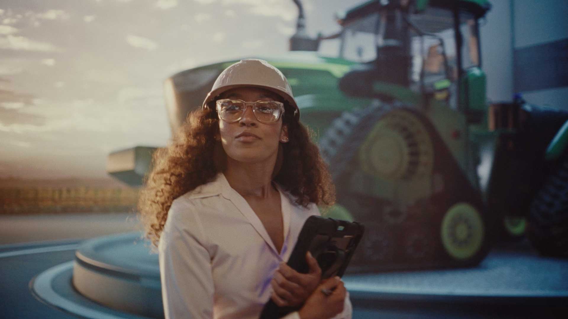 Still from John Deere's All Kinds of Fields spot of Maya holding clipboard in front of large modern tracor