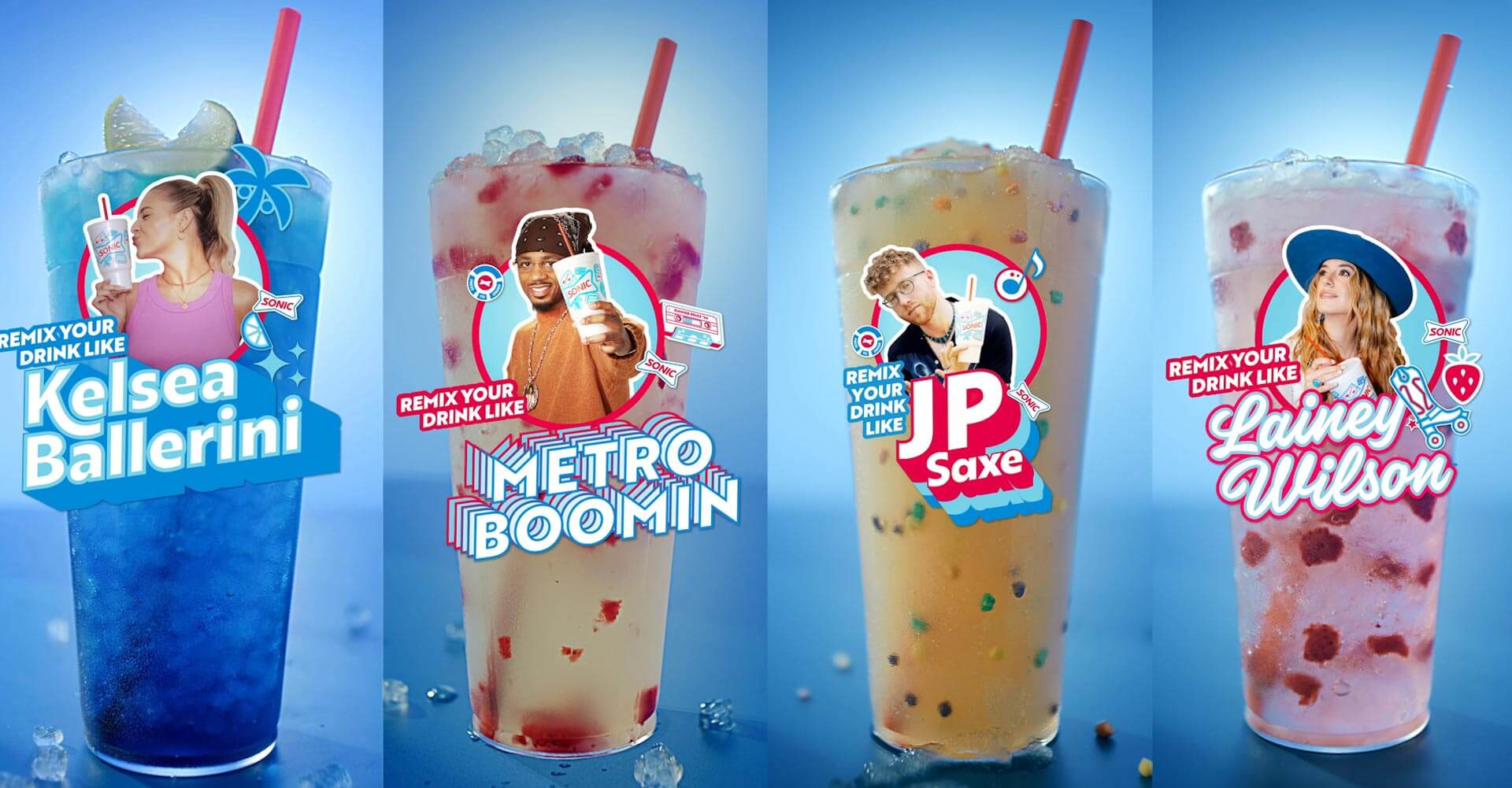 4 different personalized celebrity drinks with their names and photo emblazoned across each one – Kelsea Ballerini, Metro Boomin, JP Saxe and Lainey Wilson.