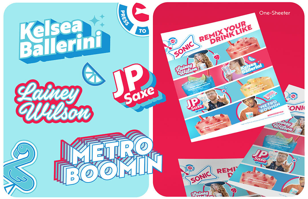 Graphic treatments of the names of Kelsea Ballerini, Lainey Wilson, JP Saxe and Metro Boomin – alongside examples of some of the printed promotional materials.