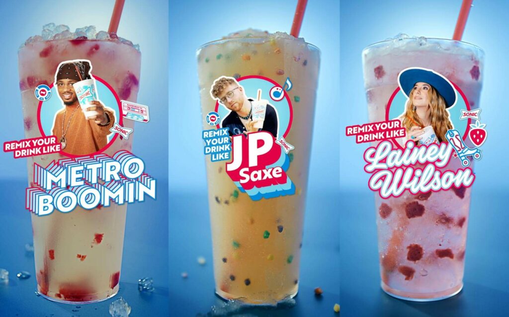 3 different personalized celebrity SONIC drinks with their names and photo emblazoned across each one – Metro Boomin, JP Saxe and Lainey Wilson.